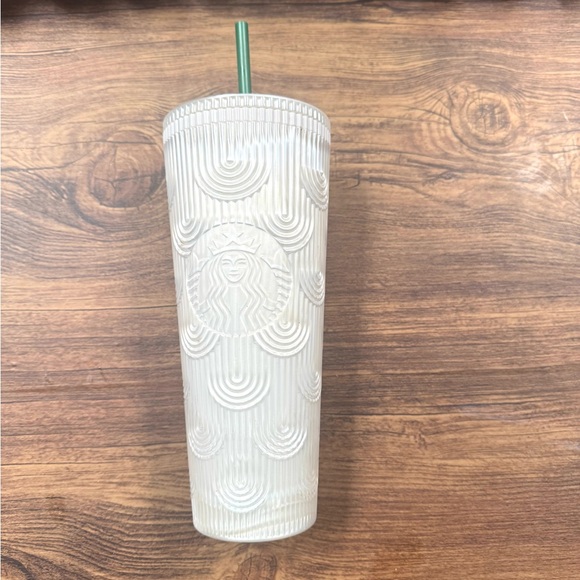 Starbucks Textured White Tumbler with Green Straw - Picture 1 of 6